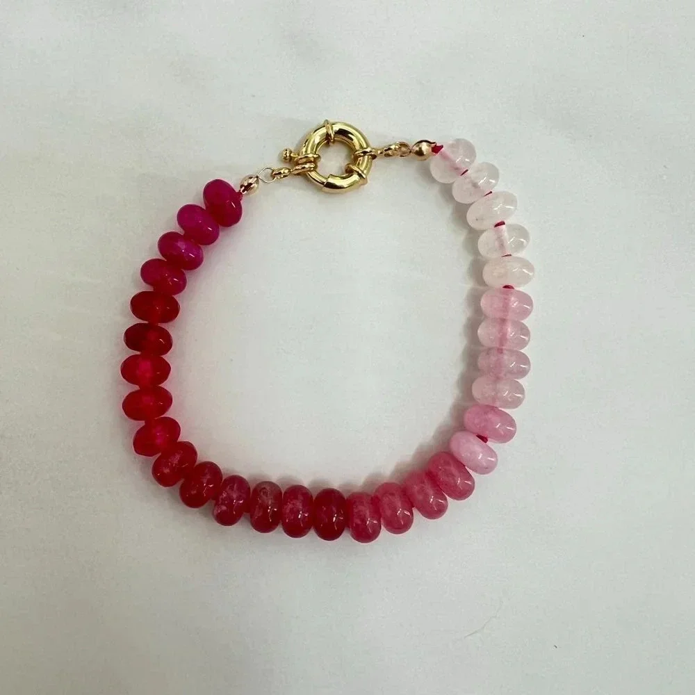 Ombre Pink Jade Gemstone Beaded Hand Knotted Bracelet Gold Filled Clasp